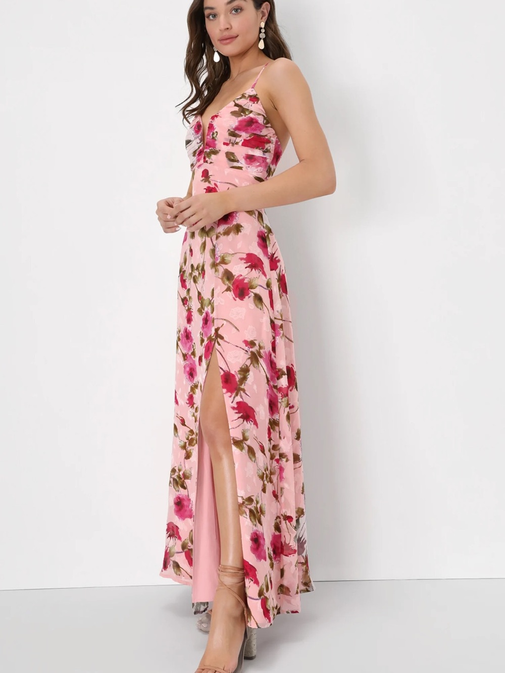 NWT Lulu’s Pretty Perspective Blush Pink Floral Burnout Notched Maxi Dress
